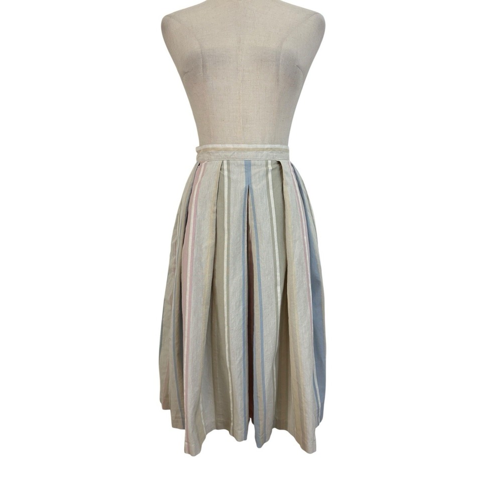 Vtg Full Pleated Skirt 9 Pastel Striped Cotton Midi Preppy Rockabilly Coastal